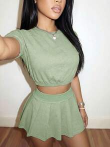 Slaydiva Damen 2 Stücke Set Salbeigrün Sommer Lässig Aktiv Schule Schulanfang Locker Kunstschneeflocke Rundhals T-Shirt + Faltenrock Leggings Alltag - Grün - Übersicht 7