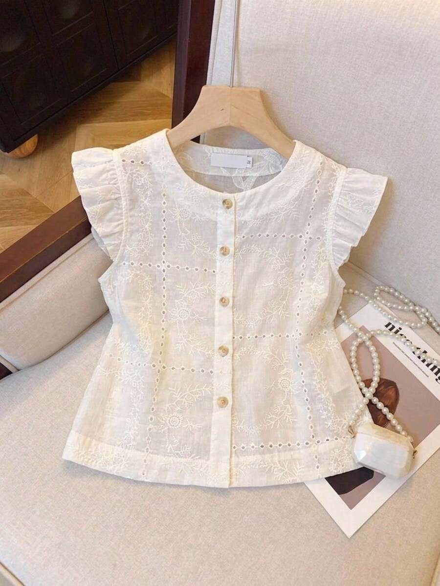 Muvela Women's Summer Casual Solid Color Embroidered Cap Sleeve Blouse,Summer Top - White - View 1