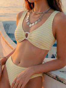 Swim Vcay Women's Striped Contrast Color Ring Buckle Bikini Set, Swimwear - Yellow - View 1