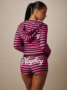 Missguided x Playboy 条纹修身短款拉链连帽衫，带Logo印花和长袖 - 彩色 - 查看 5