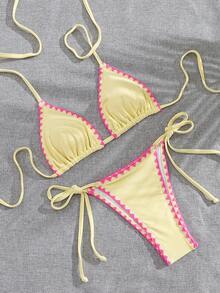 Bonvoyette Summer Vacation Girl's Solid Color Contrast Shell Embroidery Ruffle Trim 2 Pieces Bikini Set - Multicolor - View 5