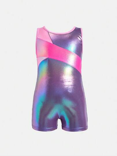 SHEIN 1pc Young Girl/Young Girls' Elegant Fitted Comfortable Knit Sleeveless Romper, Pink & Purple Ombre Gradient, Suitable For Sports, Gymnastics, Dancing, Indoor Training, Stage Performance, Spring & Summer