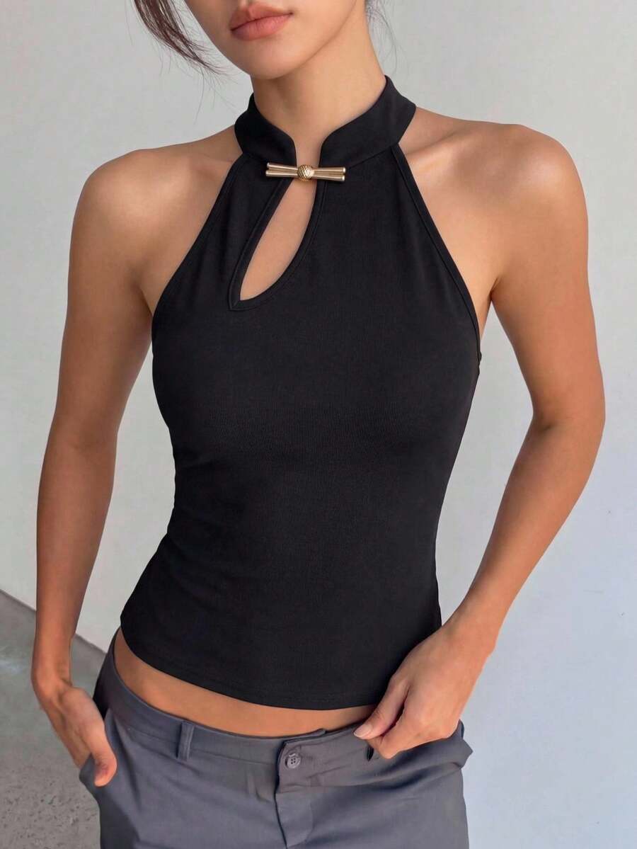 EastFlair Áo kiểu nữ thanh lịch không tay cổ tàu, ôm dáng, thích hợp cho mùa hè. - màu đen - Xem 1