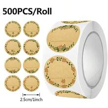 Black Marker Pen Included, 2.5cm/5cm Kraft Paper Stickers, 500 Sheets Per Roll, Round Wreath Pattern Labels, Perfect For Canning Jar Tags, Food Storage And Gift Bag Sealing - Khaki - View 9