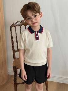 DAZY Young Boy Colorblock Polo Collar Short Sleeve Casual Sweater Summer - Apricot - View 4