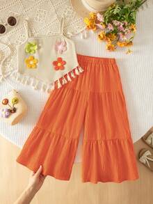 Emery Rose Kids Emery Rose Kids 2件套女童针织纯色3D立体花朵流苏边吊带背心和宽松裤子套装 - 橘色 - 查看 8