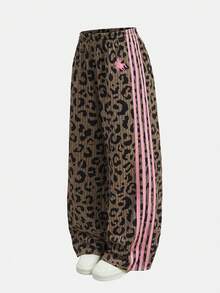 SHEIN Tween Girls Y2k Brown And Pink Leopard Print Patchwork Knit Sweatpants,Loose Drawstring Casual Comfortable Pants For Summer,Music Festivals,Holiday - Multicolor - View 7