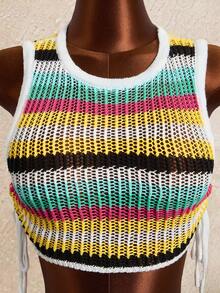 Swim Vcay Set de 2 piezas: Top de tirantes corto de malla a rayas colorida de verano + Pantalones cortos a rayas de colores saturados, Bikini Cover Up - Multicolor - Ver 3