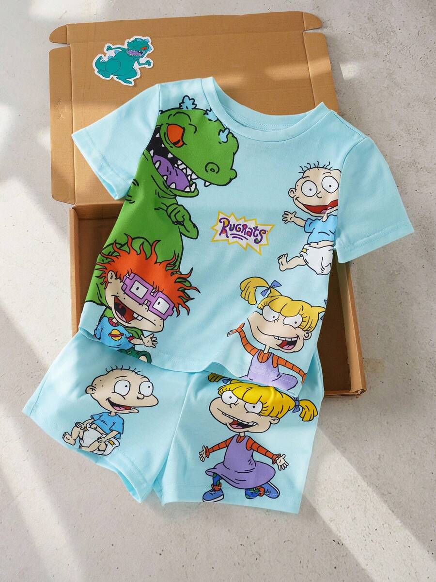 Nick 90s | SHEIN Bộ áo thun và quần short in hình hoạt hình cho bé trai - Màu xanh lam - Xem 1