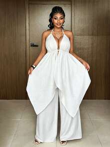 Maweii Plus Size Backless Tie-Up Asymmetric Hem Sexy 2 Pieces Set For Date & Holiday - White - View 8