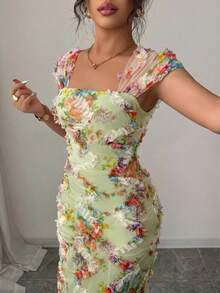 Elenzga Gaun Midi Wanita Elegan Romantis dengan Motif Jala dan Kerutan, Cocok untuk Musim Pernikahan, Pesta, Kencan, Jalan-jalan Santai, Musim Semi/Panas - Hijau - View 3