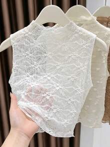 SHEIN Franclia 女士夏季无袖高领蕾丝上衣，弹性纹理面料，荷叶边设计，百搭版型，适合日常穿着、通勤、度假，优雅时尚。 - 白色 - 查看 3