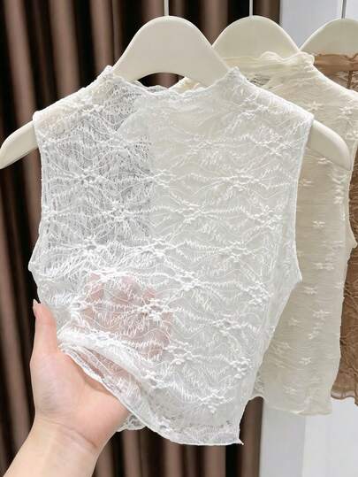 SHEIN Franclia Blusa de encaje sin mangas con cuello alto para mujer, de tela elástica con textura, diseño con volantes, silueta versátil para uso diario, viajes y elegante y de moda