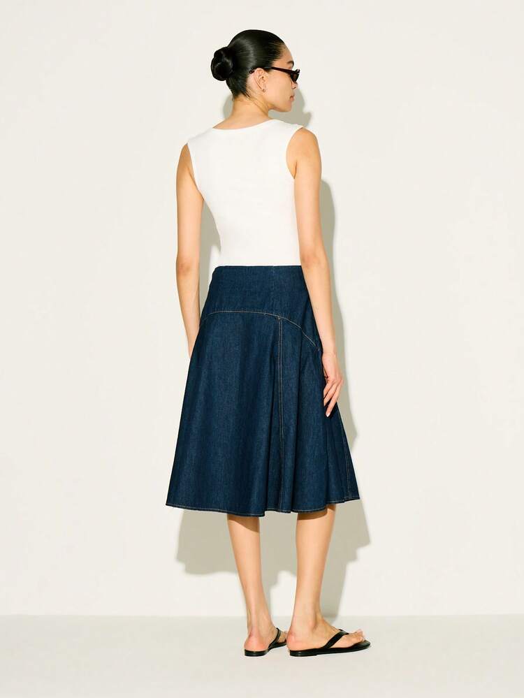 KSTM Women's High Waisted Flared Denim Midi Skirt A-Line Blue Jean Skirt With Contrast Stitching Classic Casual Summer Fall Wardrobe Essential