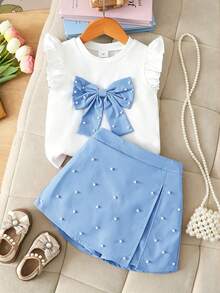 Elladie kids 4-7岁女童两件套：可爱蝴蝶结装饰串珠短袖上衣和松紧腰串珠开衩短裤，适合日常生活、派对和其他场合。 - 藍色 - 查看 3