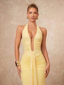Lumalex Women's Elegant Solid Color Lace Patchwork Backless Dress, Summer Party Night Pale Yellow.Suitable For Wedding Guests - Pale Yellow - View 10