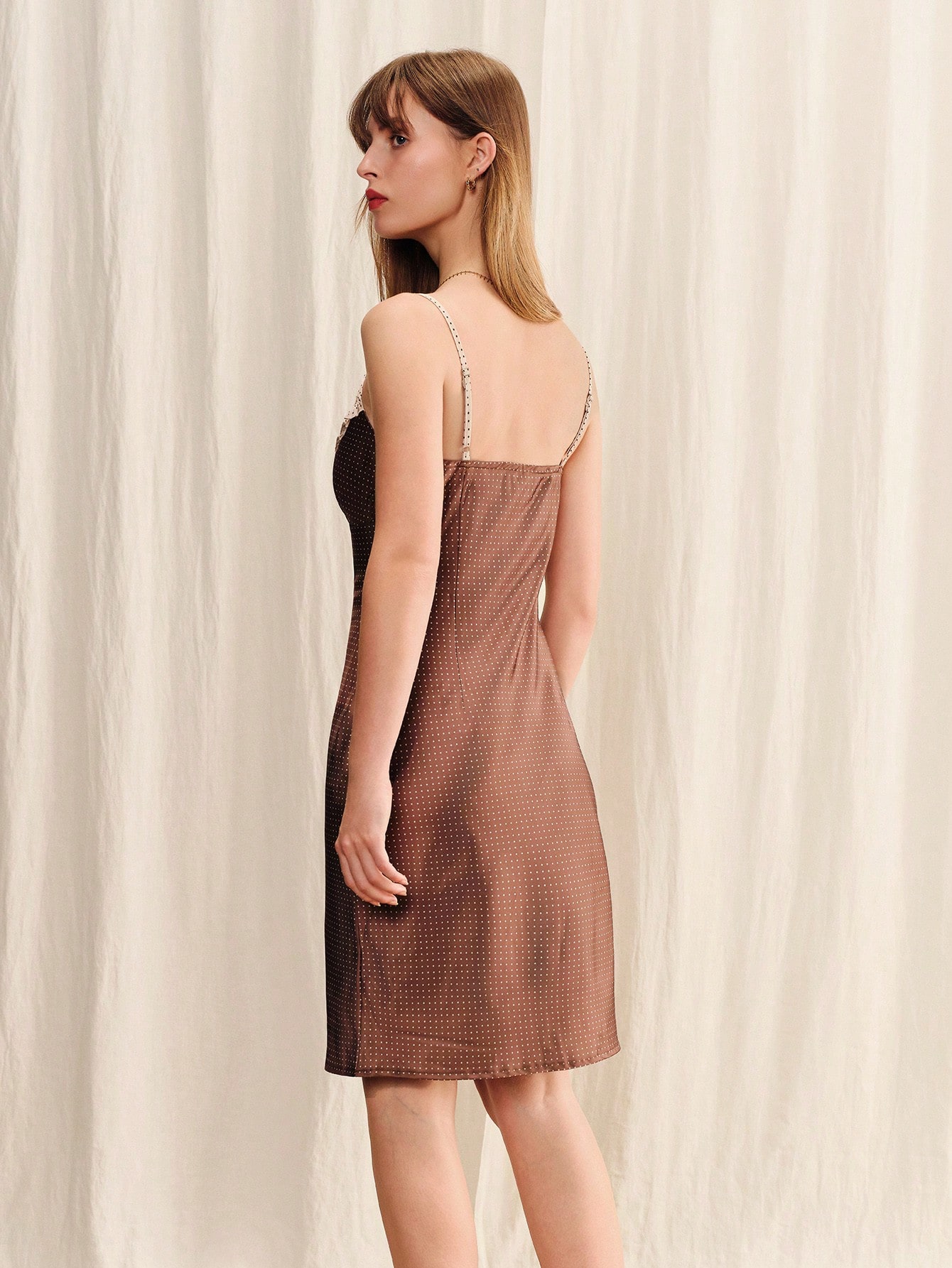 Brown Satin Midi Dress With Ecru Polka Dots, Thin Straps, And Contrasting Ruffle Details Chic French Dress Romantic Dress Evening Dress Holiday Dress