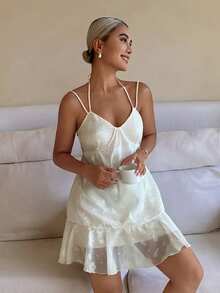 Livesso Women's Elegant Ruffle Hem Halter Nightgown Pajamas - Beige - View 4