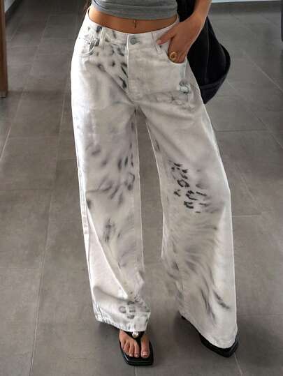 DAZY Women's Leopard Print Pocket Wide Leg Loose Casual Jeans