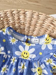 SHEIN Playful Pals Đầm bé gái sơ sinh/trẻ nhỏ 0-3 tuổi in hình thỏ dễ thương, tay bồng, kiểu dáng thường ngày, thích hợp mặc mùa xuân/hè. - Màu xanh lam - Xem 4