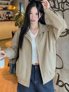 DAZY 女士纯色长袖拉链休闲外套 - 灰色 - 查看 3