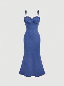 SHEIN MOD Đầm denim nữ thanh lịch với dây đeo mảnh, viền bèo nhún và gấu đầm. - Màu xanh lam - Xem 1