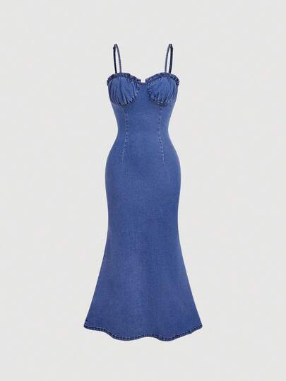 SHEIN MOD Women's Frill Trim Flounce Hem Elegant Spaghetti Strap Denim Dress