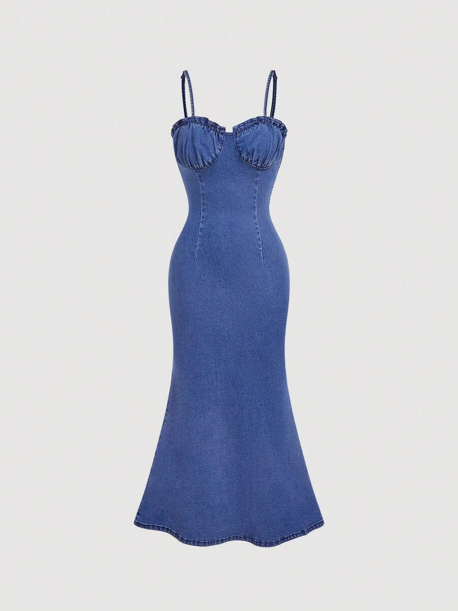 SHEIN MOD Đầm denim nữ thanh lịch với dây đeo mảnh, viền bèo nhún và gấu đầm. - Màu xanh lam - Xem 1