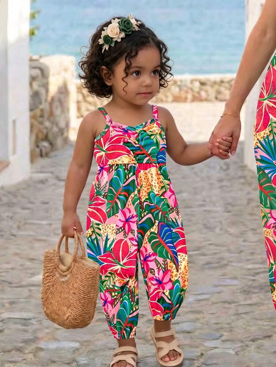 SHEIN 1pc Baby Girls' Summer Graphic Print Blossom Picnic Core Tropical Sleeveless Jumpsuit, Basic Beachwear Vacation Island Style Pink And Green - Multicolor - View 1