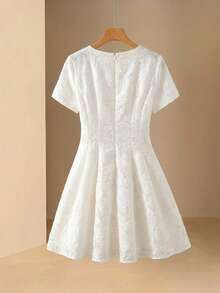 BELROSIE Elegant Cutout Rose Floral Wavy Hem Fitted Short Sleeve Dress For Women Party White Summer - Apricot - View 9