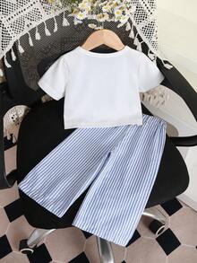 SHEIN 2件套女婴幼儿/新生儿0-3岁可爱休闲条纹蝴蝶结T恤+条纹裤套装，婴儿莫兰迪蓝套装，春夏款 - 藍色 - 查看 3