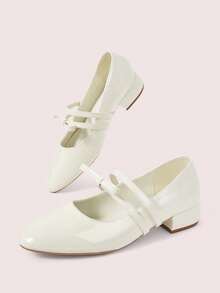 CUCCOO DOLLMOD Zapatos de mujer con punta redonda, de cuero patentado beige, con lazo y doble correa, tacón grueso, estilo Mary Jane, estilo universitario, lindo, dulce, tacones altos - Blanco roto - Ver 5