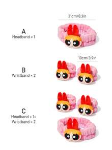 THE POWERPUFF GIRLS X SHEIN 1条柔软吸水头带，2条腕带，舒适方便，适合洗脸和沐浴。 - 粉色 - 查看 3