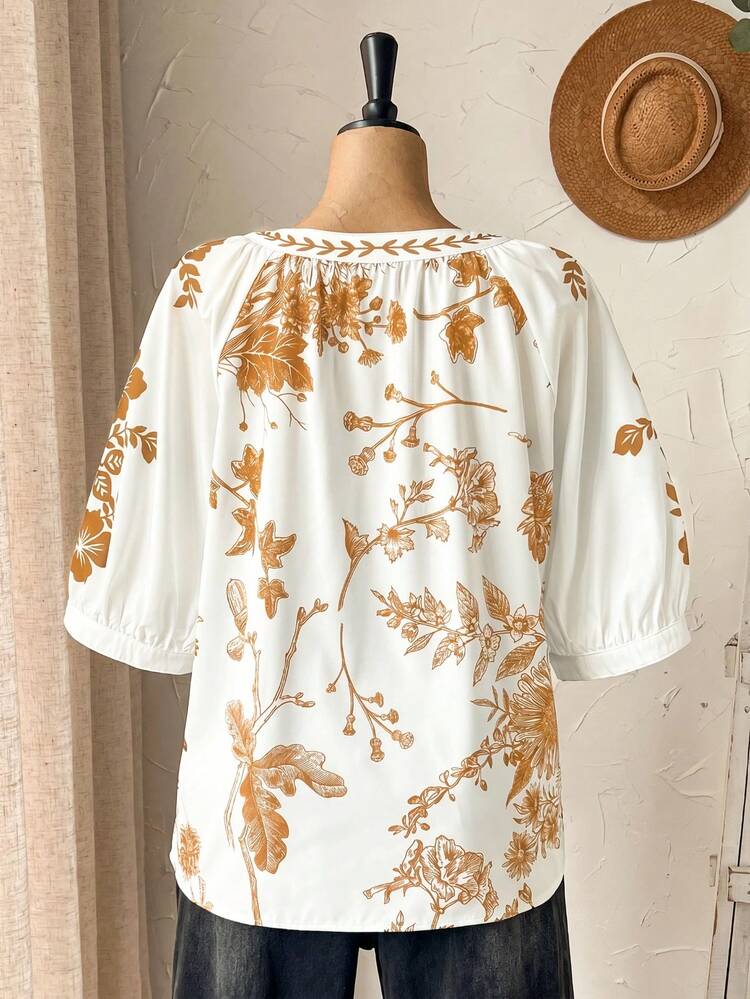 Plus Size Women Spring Casual Floral Print Short Sleeve Blouse
