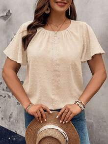 EMERY ROSE Blusa de talla grande con cuello redondo, mangas cortas, cintura elástica y dobladillo con volantes - Albaricoque - Ver 5