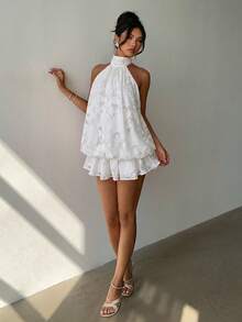 Elegant Women's Mini Dress With Halter Neck And Bow In Light Yellow - Cream - View 5