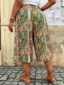 Breezaya Plus Size Women Allover Print Pocket Casual Versatile Daily Wear Pants - Green - View 2