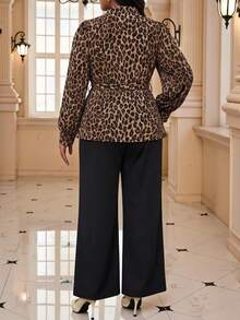 Fleurora Plus Size Fashionable Leopard Print Shirt And Solid Chocolate Brown Pants 2 Pieces Set, Elegant Autumn Work Formal Office Dinner Outfits For Women - Multicolor - View 3