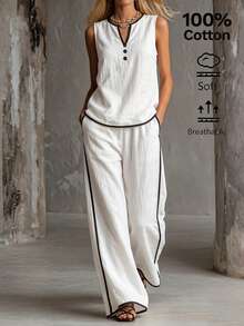 SHEIN Bộ 2 món mùa hè gồm áo không tay cổ chữ V viền tương phản + quần ống rộng viền tương phản thanh lịch, phong cách Bohemian, thường ngày, công sở, cổ điển đen trắng, áo trắng, quần trắng, quần áo đi nghỉ mát, trang phục nữ phong cách đồng quê, bộ đồ 2 món công sở dành cho nữ. - trắng - Xem 4