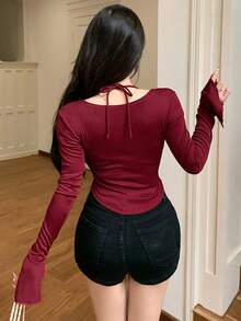 Joudiya Valentine's Day Red New Year Fitted Color Block Long Sleeve Women's T-Shirt,Fall Clothes - Red - View 5