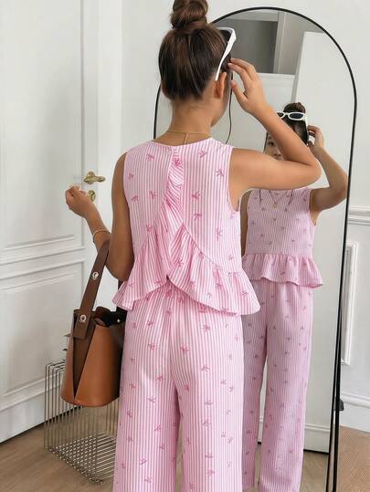 Teen Girl's Striped Ruffle Backless Sleeveless Top And Straight Leg Pants Casual Vacation Outfit, Suitable For Holidays, Parties, Elegant, Back-To-School, Cute, Spring/Summer Outdoor Family Picnic, Everyday Wear