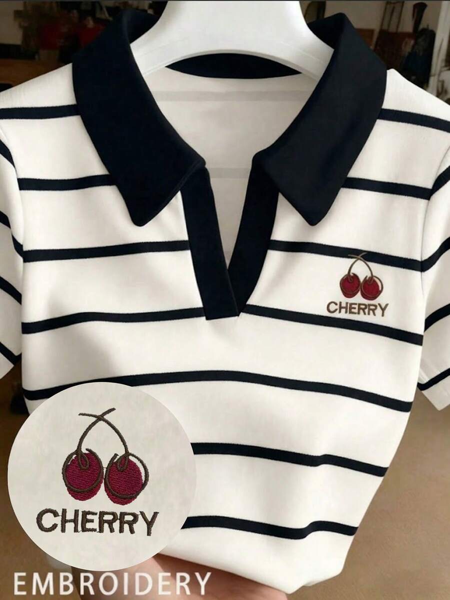 INAWLY 大码夏季休闲樱桃刺绣条纹Polo领短袖上衣 - 彩色 - 查看 1