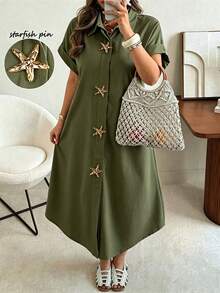 Ceyna Plus Size Women's Olive Green Summer Vacation Holiday Maxi Dress,Starfish Metal Button Decor,Textured Woven Raglan Sleeve Crew Neck Asymmetric Dress - Army Green - View 1