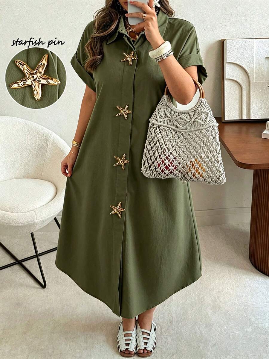 Ceyna Plus Size Women's Olive Green Summer Vacation Holiday Maxi Dress,Starfish Metal Button Decor,Textured Woven Raglan Sleeve Crew Neck Asymmetric Dress - Army Green - View 1