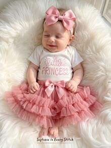 Cozy Pixies Newborn Baby Girl Off-White Summer Cute Photo Shoot 1st Birthday,Wedding,Vacation Outfit,Elegant Bow Letter Knit Romper,Ruffle Mesh Skirt 2-Piece Set - Pink - View 14