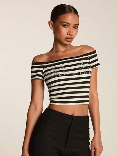 SHEIN BAE Women's High Stretch Striped Off-Shoulder T-Shirt