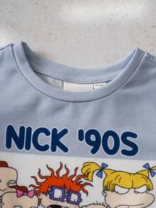 Nick 90s | SHEIN Conjunto de camiseta de manga corta y pantalones cortos de verano casual para bebé niño, con estampado de letras de dibujos animados y contraste de colores, ideal para uso diario, viajes y vacaciones - Azul Marino - Ver 4