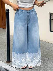 Rivivi Plus Size Women's Non-Stretch Light Wash Denim Jeans With Lace Trim, Loose Fit Long Straight Leg Cowboy Pants For Summer Date Night Formal Light Blue - Light Wash - View 4