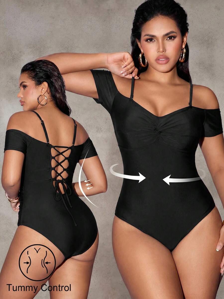 Shapewave Traje de baño de una pieza con hombros descubiertos de unicolor para mujer - Negro - Ver 1
