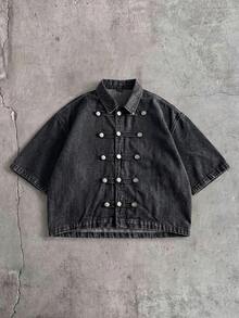 NEON BLANC Men's Short Sleeve Button Design Casual Denim Shirt - Black - View 1